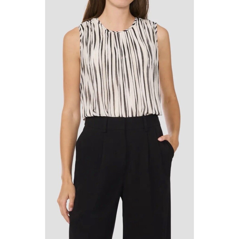 Halogen Stripe Sleeveless Pleated Shell Blouse Black White Top Women’s Large L